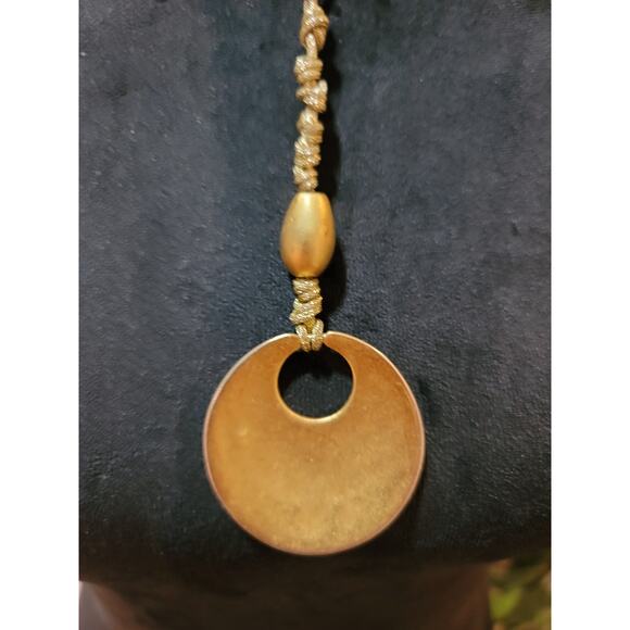 Women's Gold Circle Pendant Necklace with Braided Cord and Unique Bead Design - Picture 5 of 5